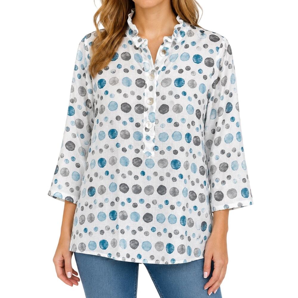 TERRA SJ Apparel Medium Blue White Artsy Tropical Wearable Art Blouse Shirt Top